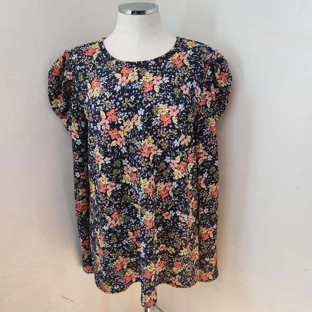 Loft Plus Womens 14 Floral Puff Sleeve Textured Knit Top Navy Blue Blouse